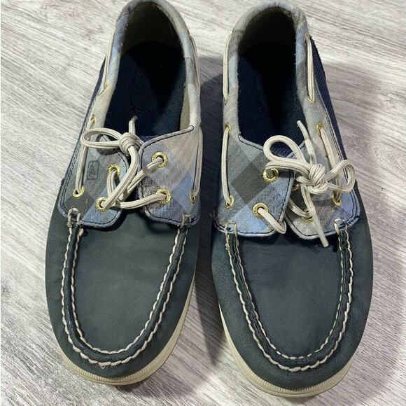 Navy blue Sperry Top-Sider loafers shoes 7M plaid Leather Upper - Picture 2 of 11